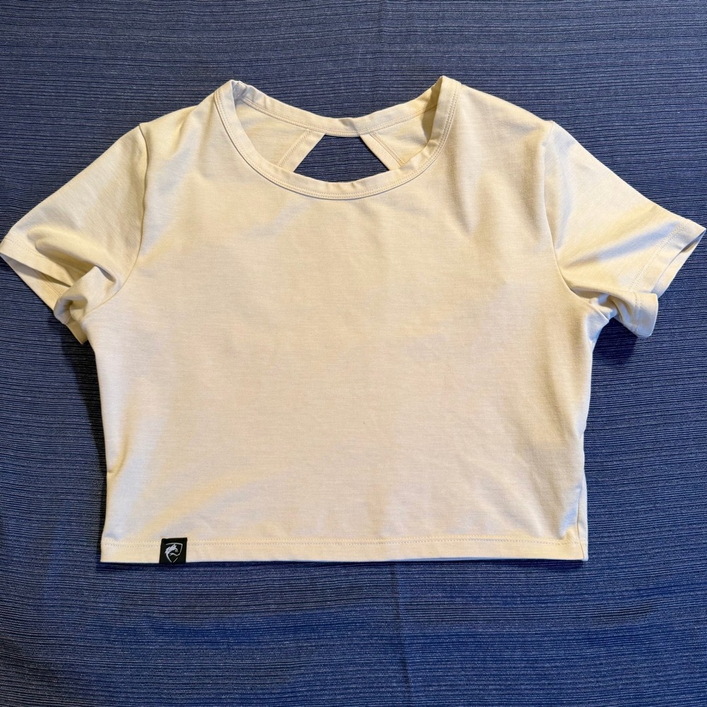 Alphalete Womens Cream Open Back Short Sleeve Crop Top Athletic Gym Shirt Size M